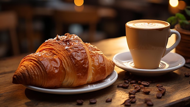 coffee latte with croissant on a wooden table