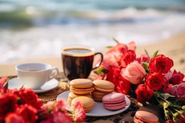 Foto caffè e amaretti sulla spiaggia con fiori