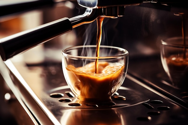 Coffee machine brewing coffee espresso to cup close up generative ai