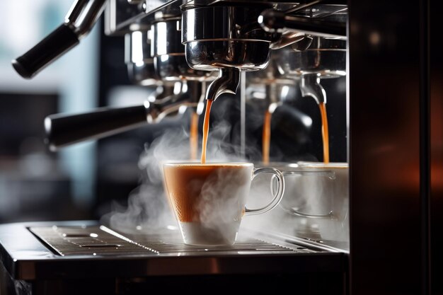 Photo coffee machine brewing coffee espresso to cup close up generative ai