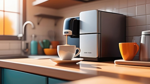 편안한 분위기의 커피 머신은 밝은 부에서 컵에 커피를 부어 가정 편안한 아침 식사와 좋은 아침의 개념