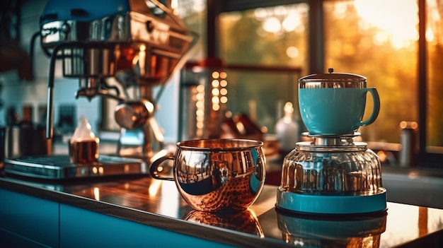 A coffee machine and a cup on a counter