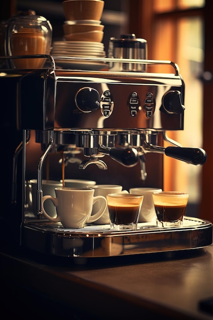 a coffee machine in front of two cups in the style of precision in details