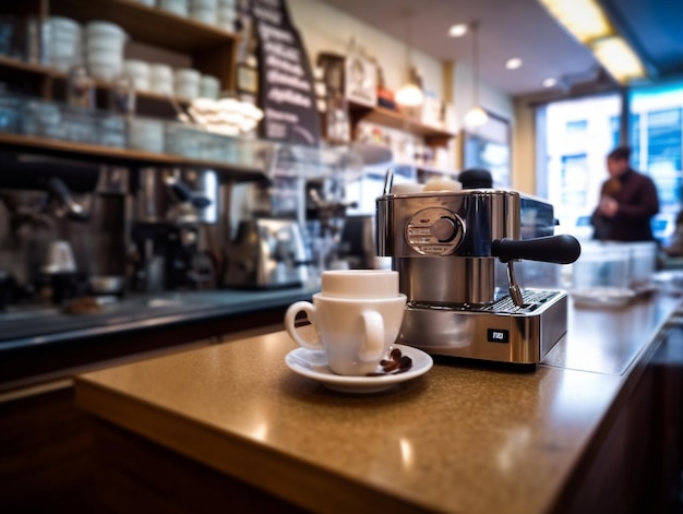 A coffee machine is on a counter in a cafe with a sign above it that says " espresso ".