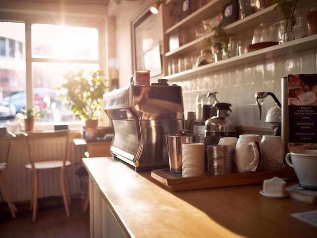 A coffee machine is on a counter in a cafe.