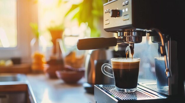 Coffee machine pouring coffee morning routine The person making espresso