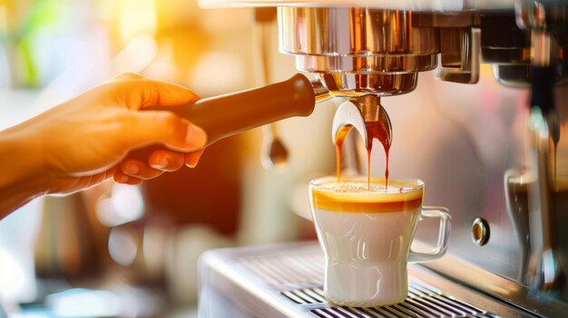 Coffee machine pouring coffee morning routine The person making espresso