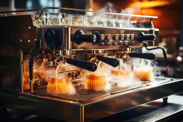 Coffee machine pouring coffee with steam