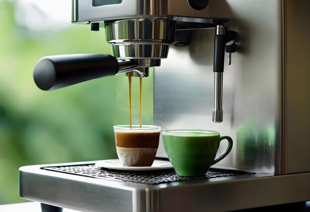 Coffee machine with cup of coffee on blurred green background