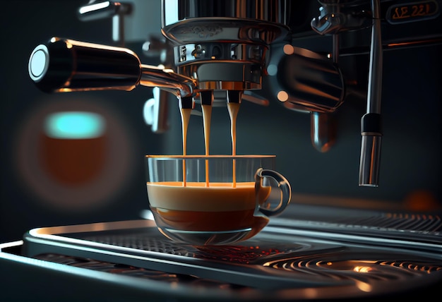 A coffee machine with espresso coffee being poured into it.