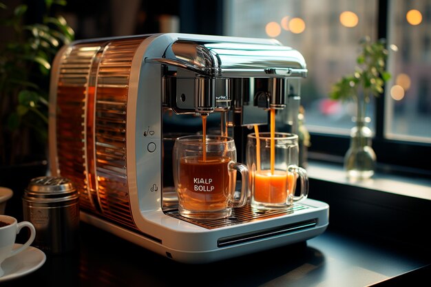 카페의 나무 테이블에 신선한 오렌지 주스를 넣은 커피 머신
