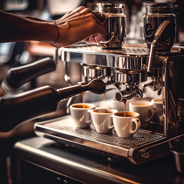 A coffee machine with three cups of coffee on it.