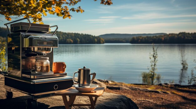 Coffee machine on a wooden table near a lake