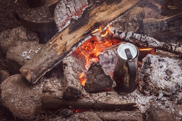 Coffee made in a coffee maker in a campfire