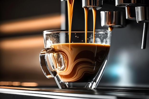 Coffee made in professional espresso machine pouring into a cup Neural network AI generated