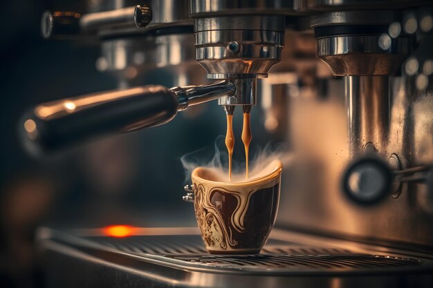 Coffee made in professional espresso machine pouring into a cup Neural network AI generated