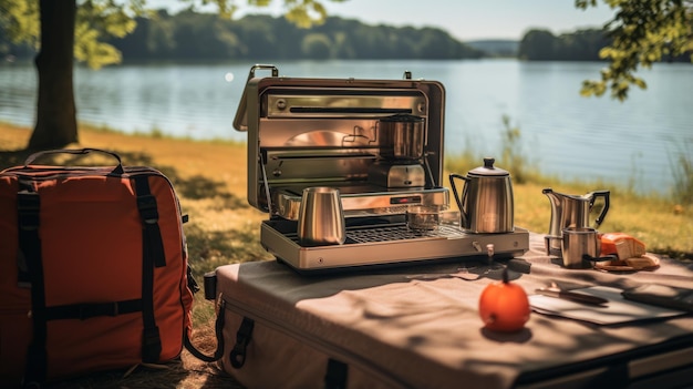 Photo coffee maker coffee camping lake picnic travel