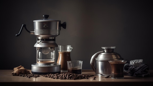 A coffee maker and a glass of coffee on a table.