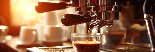 カフェショップのプロのポルタフィルターからカップに注ぐコーヒーメーカーマシンの接写ジェネレーティブAI