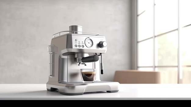 Coffee maker machine on table on empty white wall background