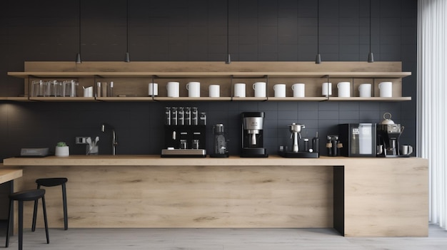 a coffee maker sits on a shelf in a kitchen.