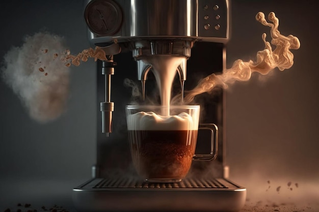 A coffee maker with a cup of coffee being poured into it