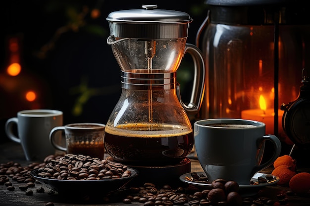 coffee maker with roasted beans grounded coffee professional advertising photography