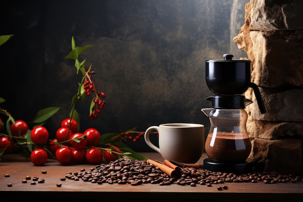 볶은 콩을 뿌린 커피 메이커 전문 광고 사진