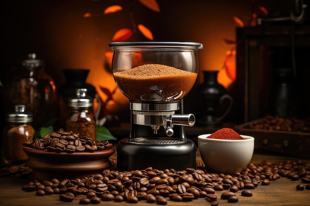 coffee maker with roasted beans grounded coffee professional advertising photography