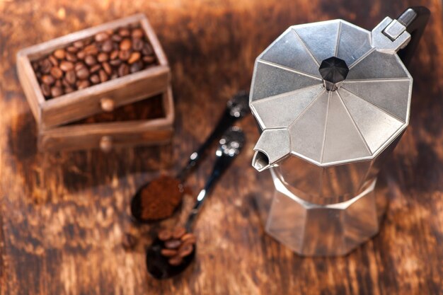 Coffee maker on wooden table