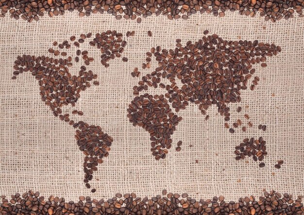 Coffee map made of beans on white background