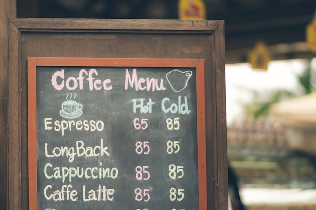 Photo coffee menu labels made from shock boards, with menus and coffee prices.