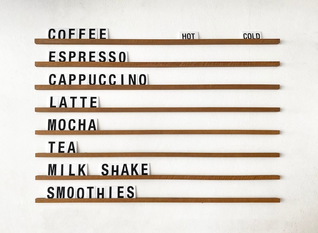 Photo coffee menu's letter words on wood panel bar background