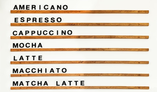 Coffee menu on wooden shelf