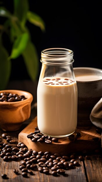 Foto latte di caffè in bottiglia di vetro e chicchi di caffè su un tavolo di legno