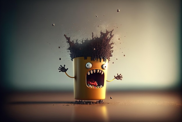 Coffee monster with crazy eyes Cute character with caffeine energy very excited Generated AI