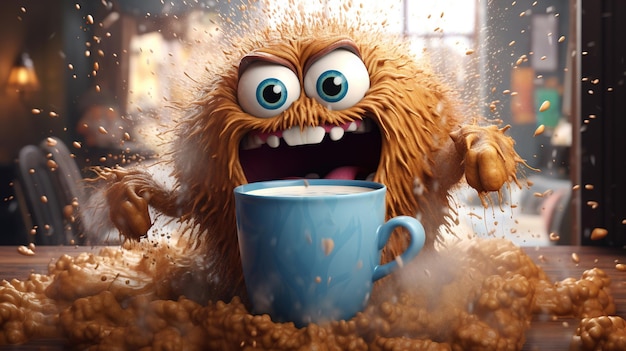 Coffee monster with crazy eyes Cute character with caffeine energy very excited