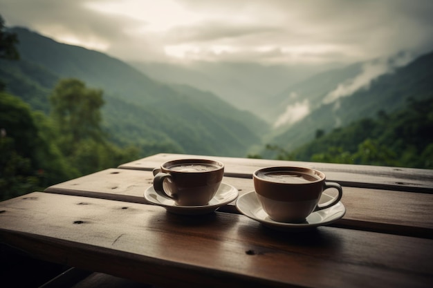 Coffee mountains on wood table Generate Ai