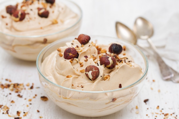 Coffee mousse with nuts in bowl