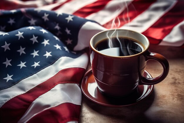 Foto tazza di caffè sulla bandiera americana concetto di sfondo per il giorno dell'indipendenza patriottismo giorno dei veterani