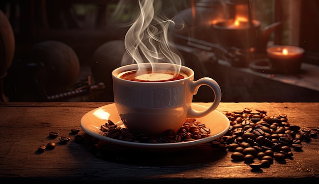 Coffee mug beautiful steam with coffee beans