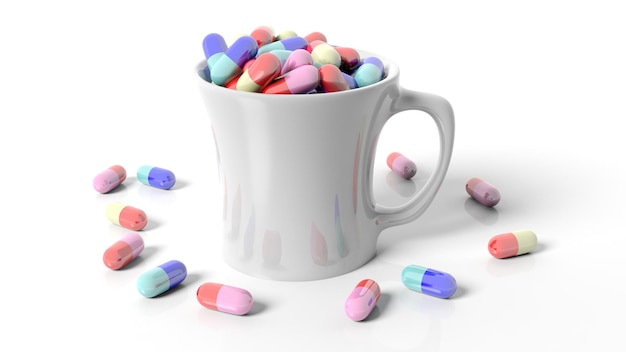 Coffee mug full of pillsisolated on white background