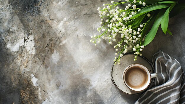 石のテーブル上のコーヒーカップと谷のリリーの花束
