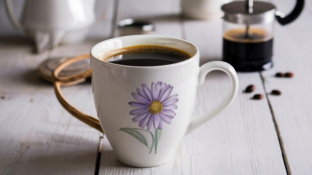 Photo coffee mug mockup with lilac daisy