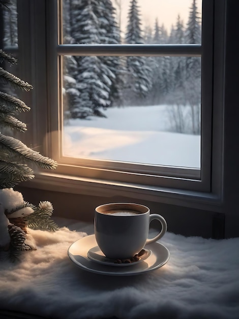 Foto tazza di caffè su un piatto accanto alla finestra in inverno