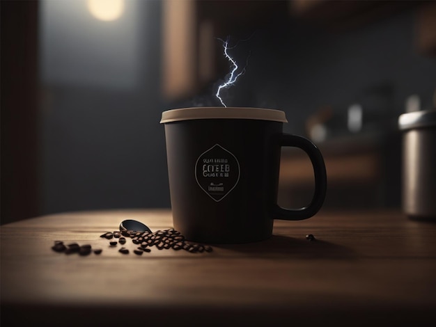 Photo coffee mug on table with cinematic lightning