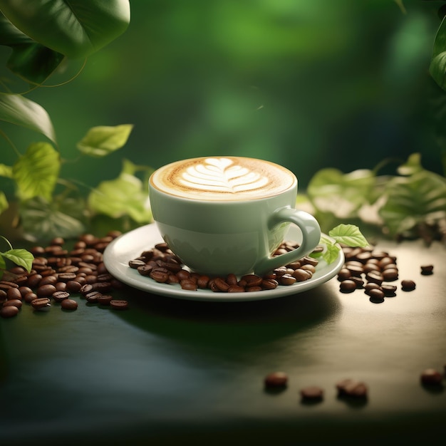 coffee on mug with coffee beans