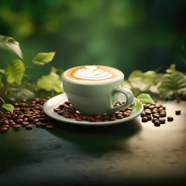 coffee on mug with coffee beans