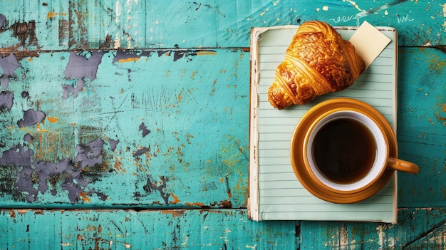 Coffee mug with croissant and notes good morning on turquoise rustic table from above cozy and tasty breakfast vintage toned