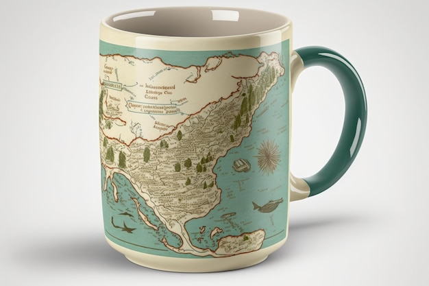 Coffee mug with illustration of map perfect for marking favorite travel destinations